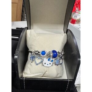 Hello Kitty Charm Bracelet Blue Rhinestone Heart Sparkle Bangle‎ For Women